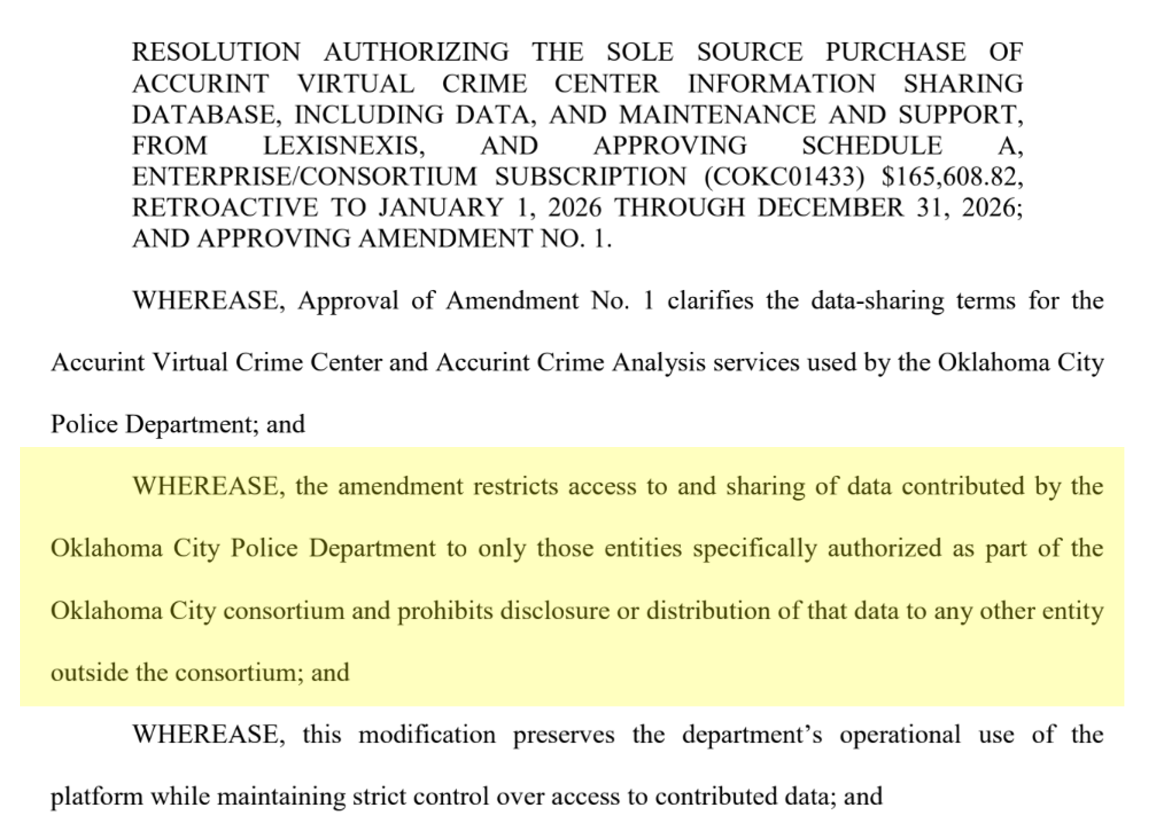 Oklahoma City Council resolution showing Amendment No. 1 restricting data sharing to the consortium.