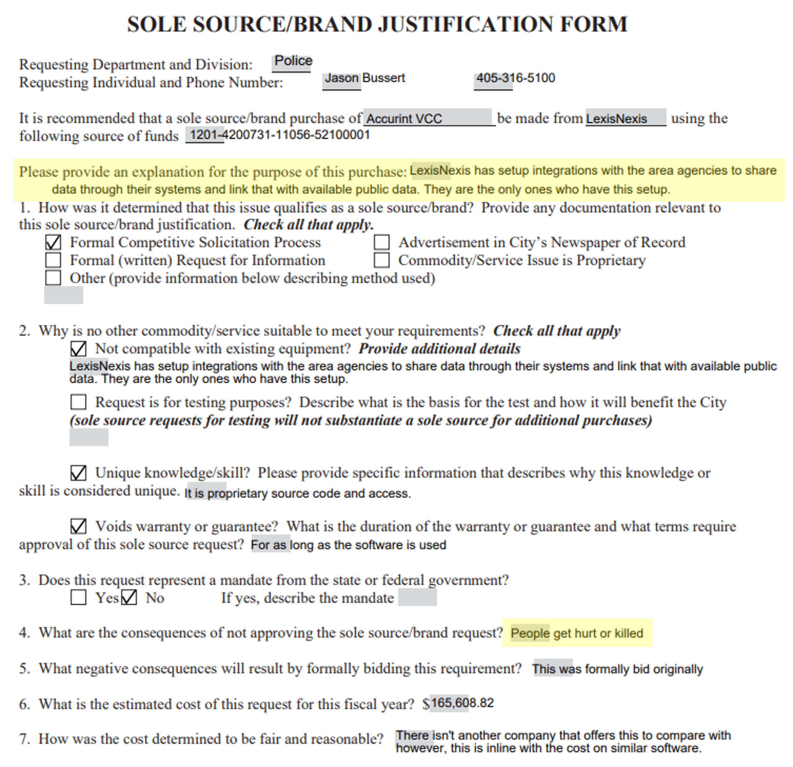 Oklahoma City Police Department Sole Source / Brand Justification form, where the consequence of not approving is answered 'People get hurt or killed' and the justification states LexisNexis shares data across area agencies.
