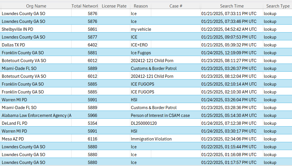 A sample of outside-agency search rows from St. Louis Park's Flock network audit, showing agencies including Lowndes County GA, Dallas TX PD, Warren MI PD, and Mesa AZ PD searching the city's cameras for immigration reasons such as ICE, ICE+ERO, HSI, and Immigration Violation.